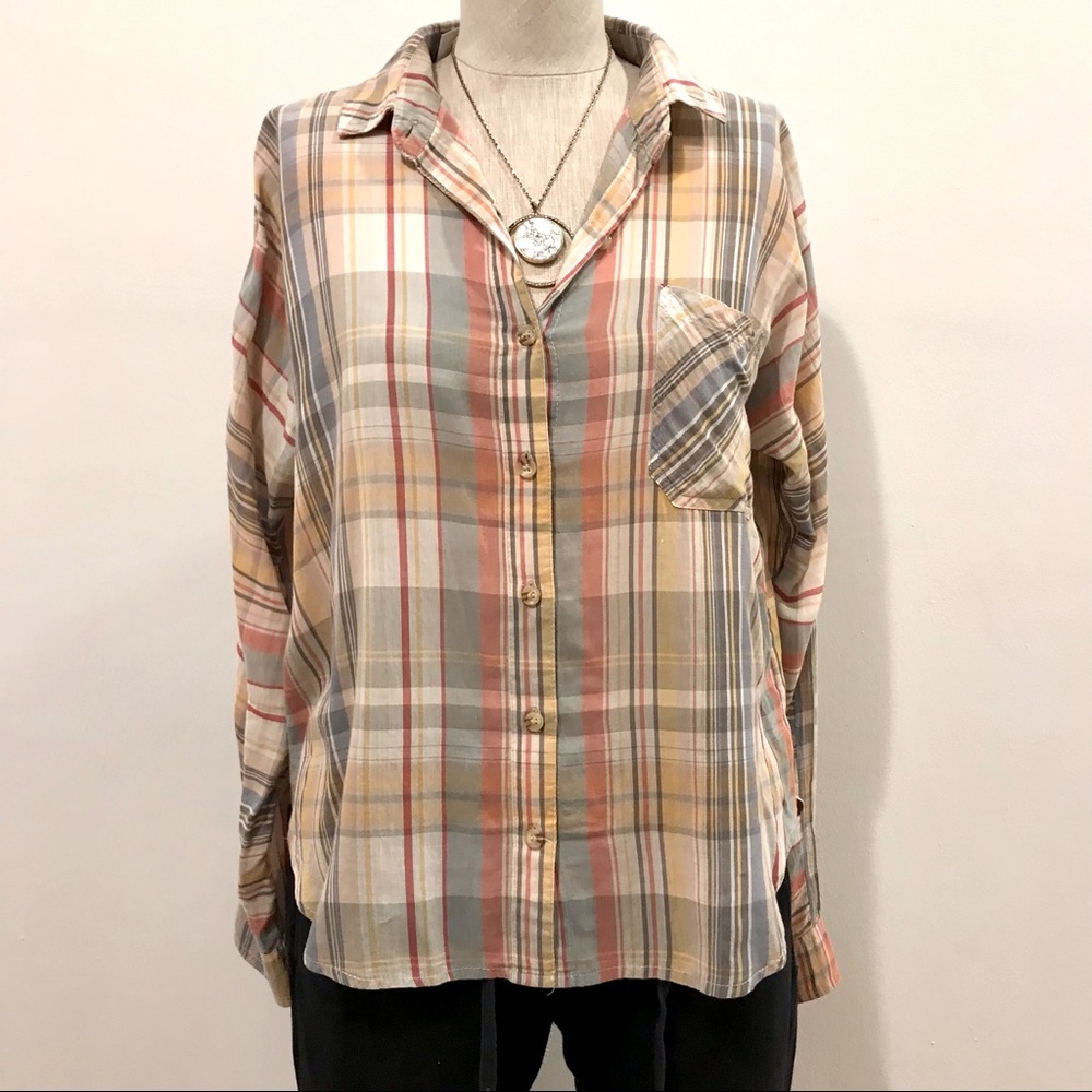 Have beige multicolor plaid cotton button down shirt. Size M. EUC